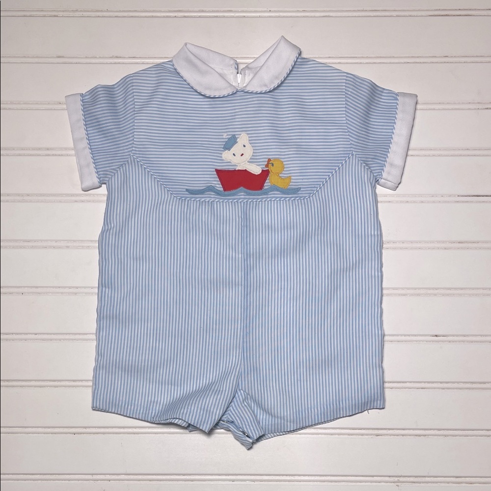 VINTAGE 80s JAYNE COPELAND EUC Classic Peter Pan Collar Appliqué Striped Romper